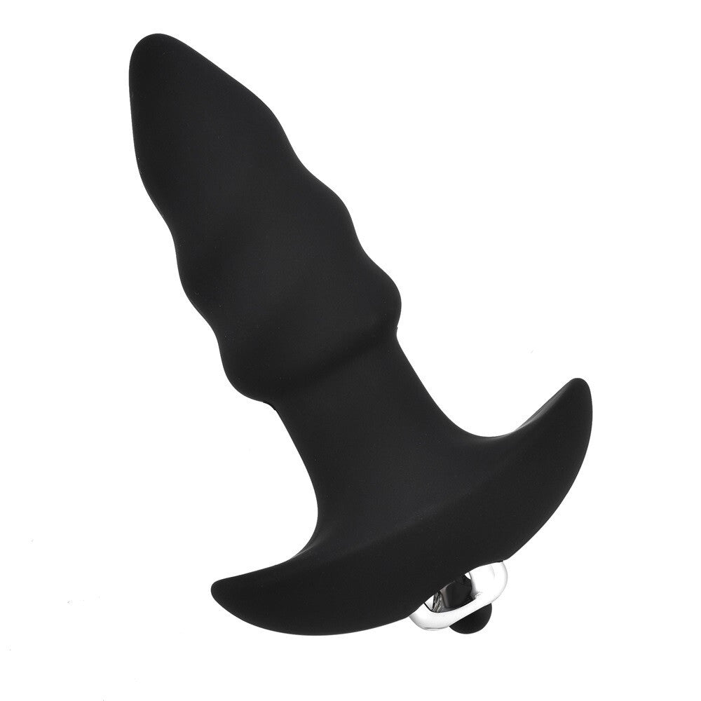 Black silicone butt plug on a white background