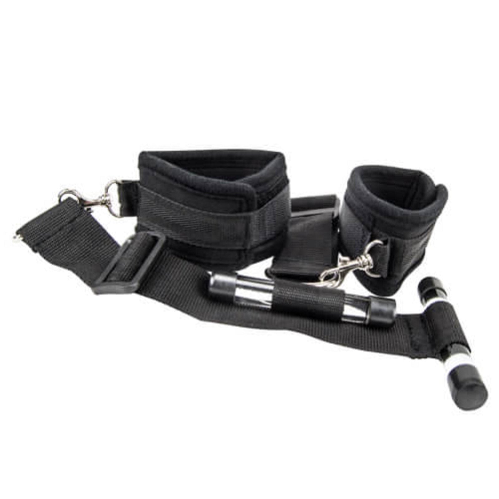 Black restraint set with straps and cuffs on a white background