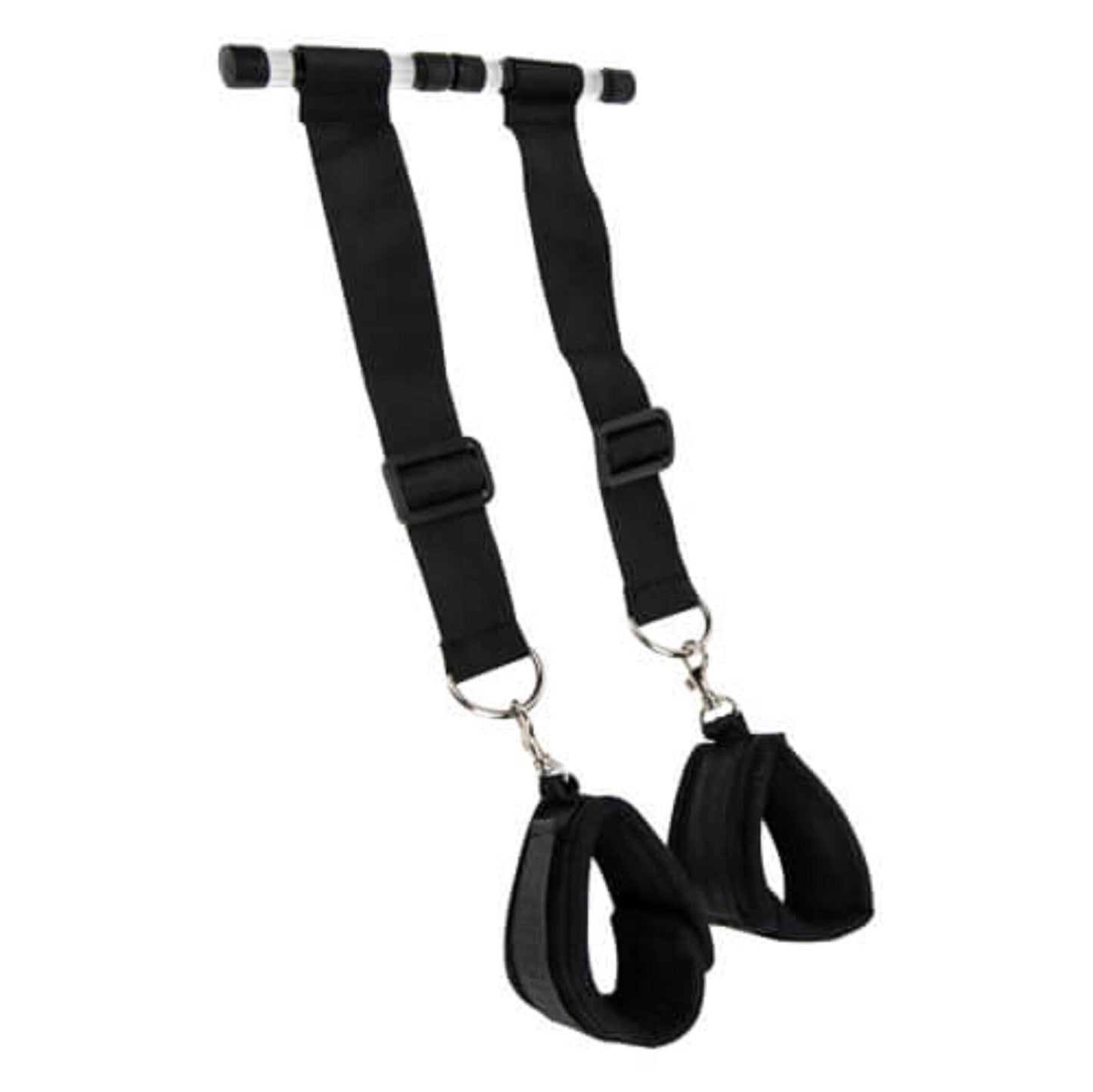 Black restraint straps with adjustable buckles on a white background