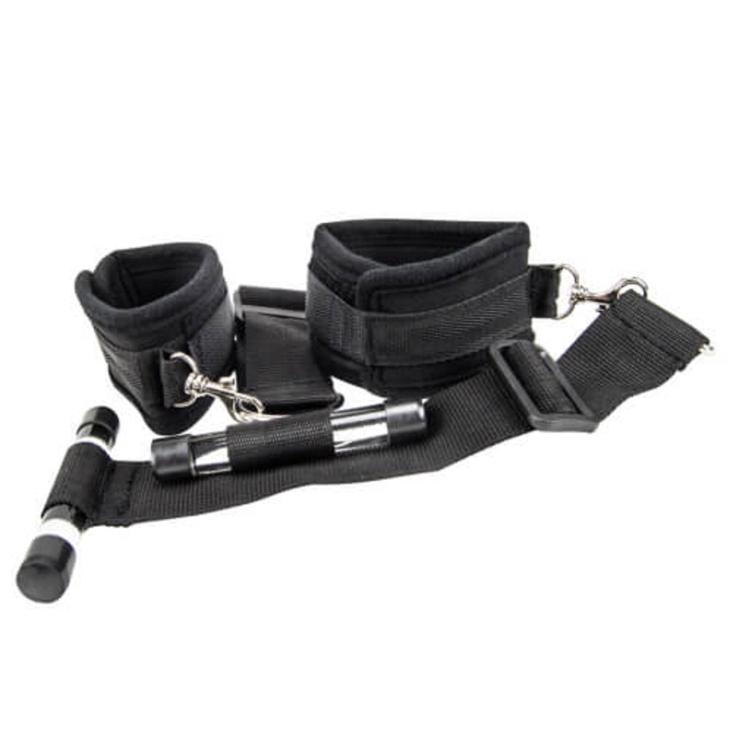 Black restraint set with cuffs, straps, and hooks on a white background