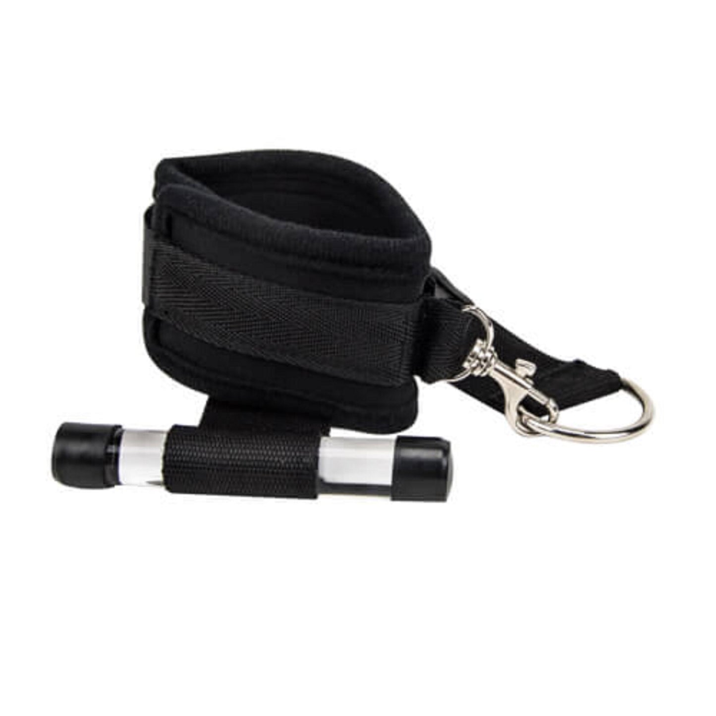 Black wrist restraint with lanyard and two black handles on a white background