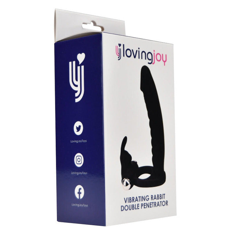 Loving Joy product packaging for a vibrating rabbit double penetrator on a white background