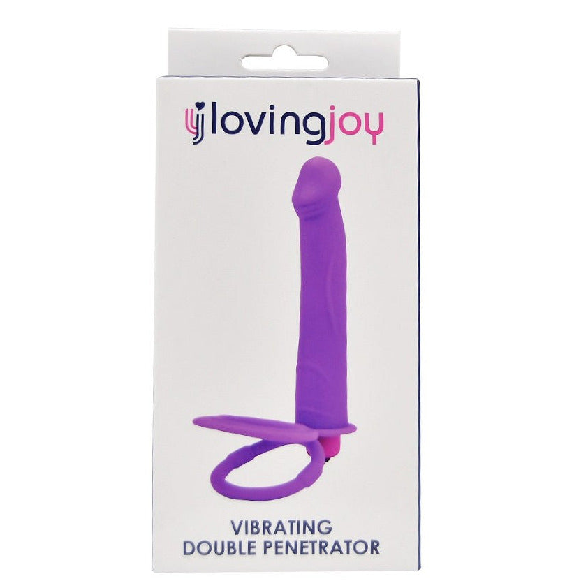 Purple vibrating double penetrator with 'loving joy' branding on packaging