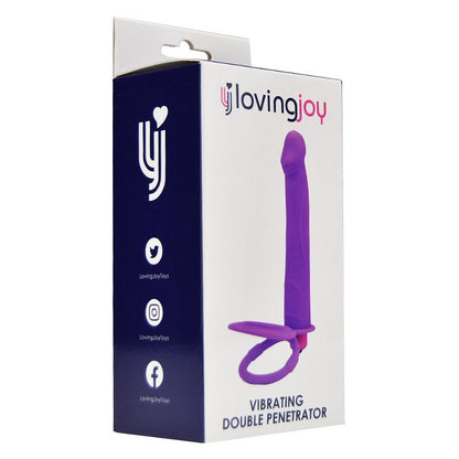 LovingJoy packaging for a purple vibrating double penetrator on a white background