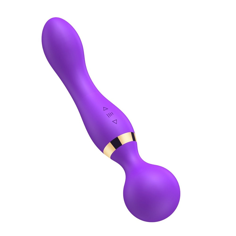Purple electronic massage wand with control buttons on a white background
