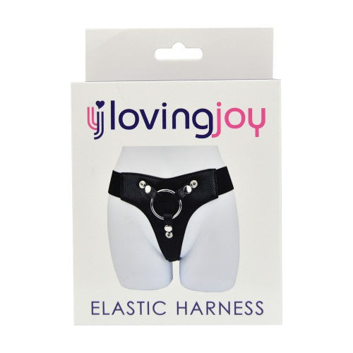 Black elastic harness on a white package with 'loving joy' branding.