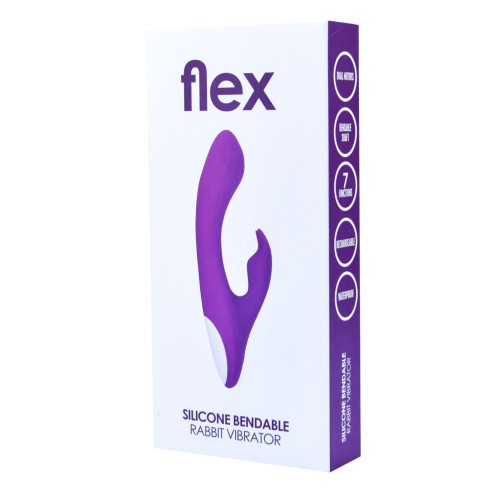 Box of a silicone bendable rabbit vibrator with 'flex' branding on a white background