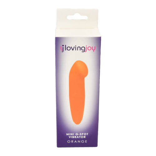 Orange mini G-spot vibrator packaging with 'loving joy' branding on a white background