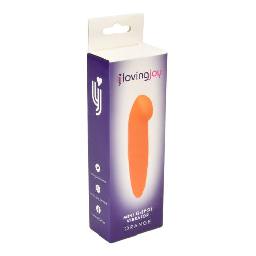 LovingJoy mini G-Spot vibrator packaging with orange product on a white background