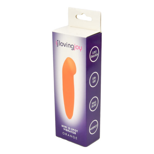 Loving Joy mini G-spot vibrator packaging with orange device on a white background