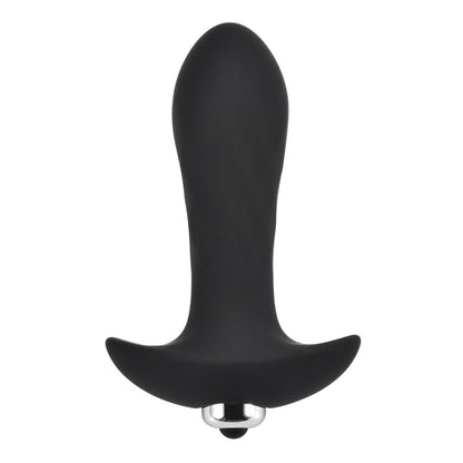 Black silicone butt plug with a metal ring on a white background