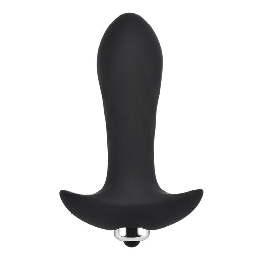 Black silicone butt plug with a metal ring on a white background