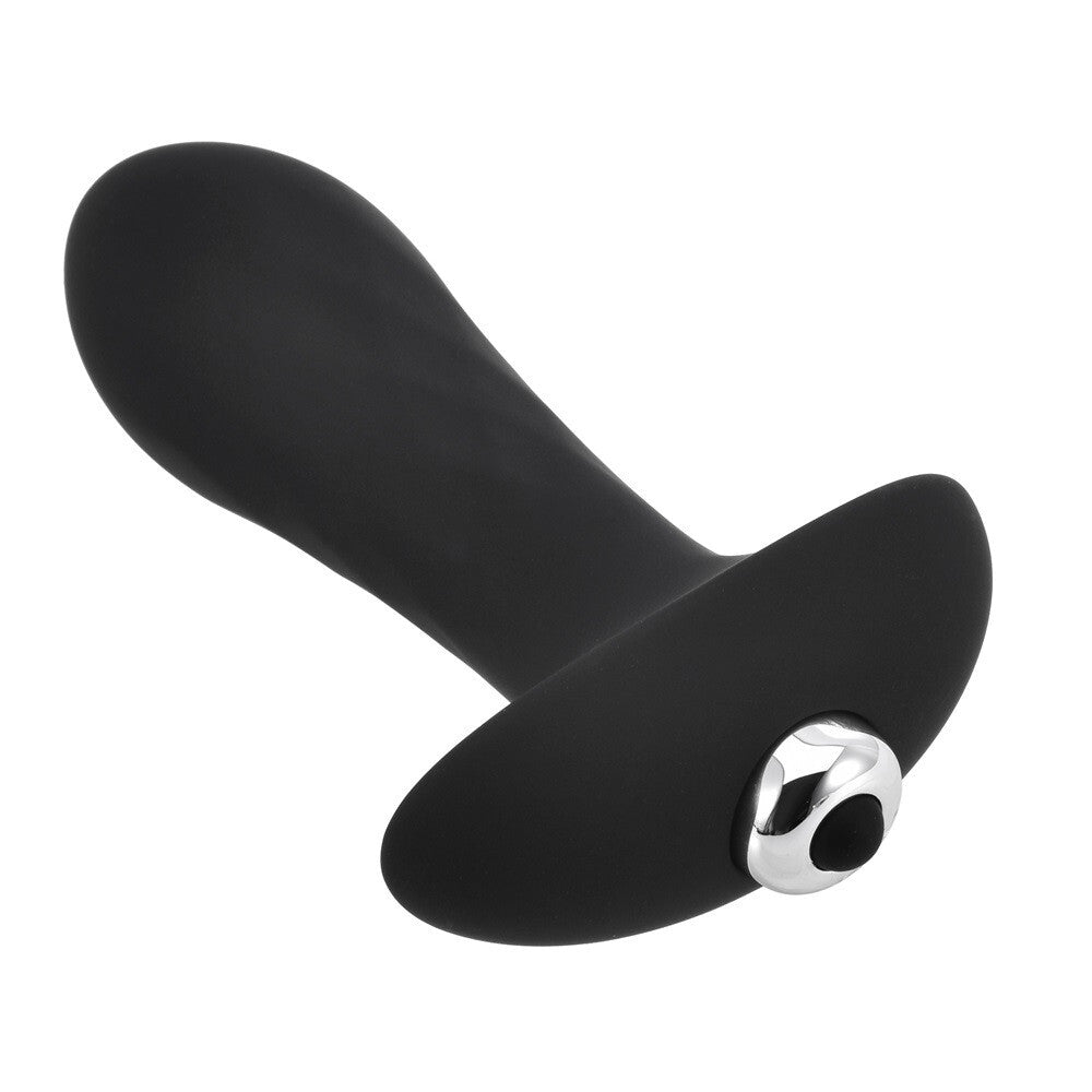 Black silicone butt plug with a silver ring on a white background