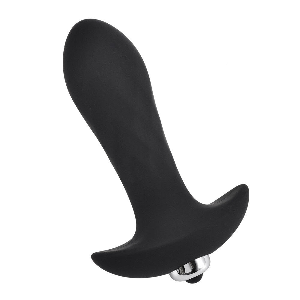 Black silicone butt plug vibrator on a white background