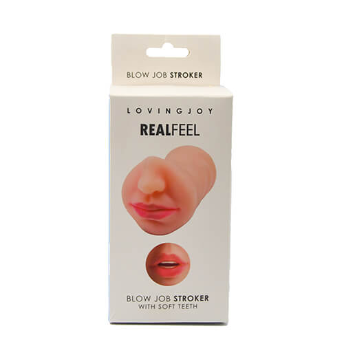 Product packaging for 'Loving joy RealFeel Blow Job Stroker' on a white background