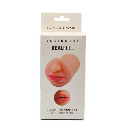 Product packaging for 'Loving joy RealFeel Blow Job Stroker' on a white background