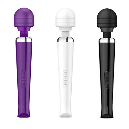 Three handheld massagers in purple, white, and black on a white background
