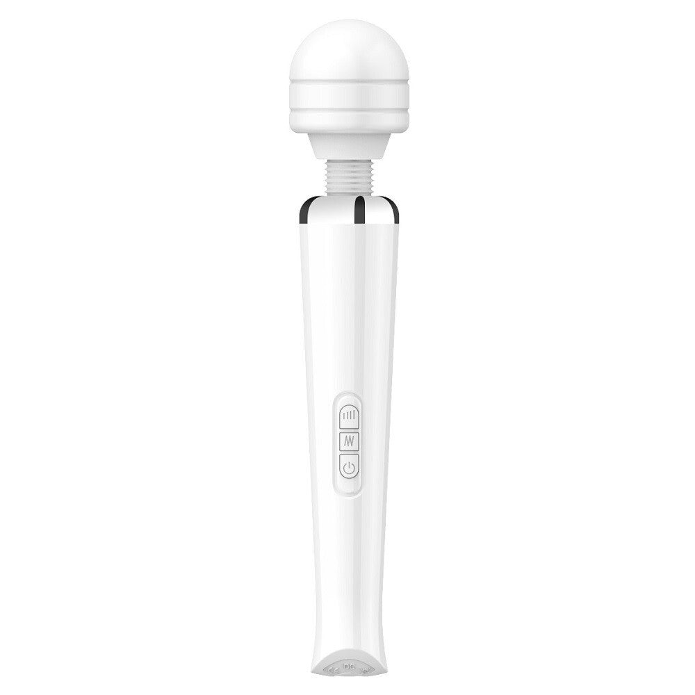 White handheld massager with a cylindrical handle and spherical head on a white background