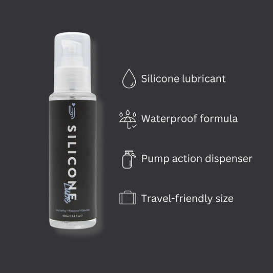 Silicone lubricant bottle with features listed on a dark background
