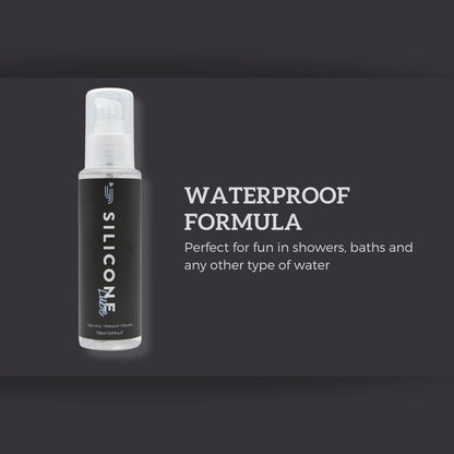 Silicone-based product bottle with 'Waterproof Formula' text on a dark background