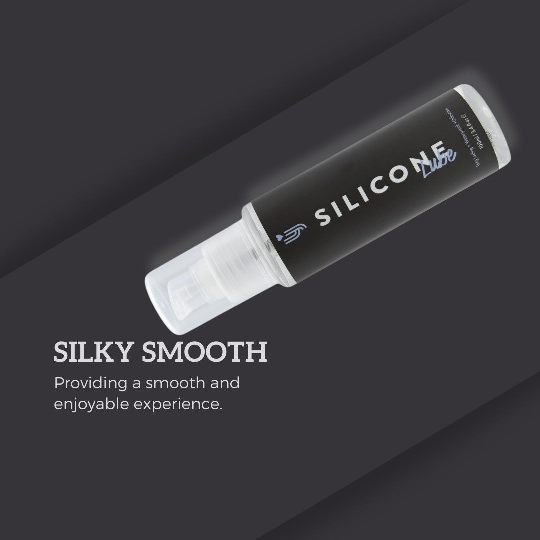 Silicone lubricant tube on a dark background with text 'SILKY SMOOTH' and 'Providing a smooth and enjoyable experience.'