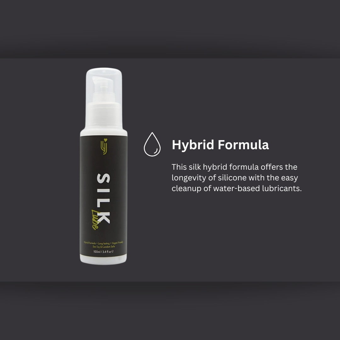 Silk hybrid sexual lubricant formula bottle on a dark background with text.