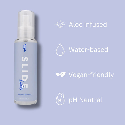 Bottle of Slide Lubricant with aloe-infused properties on a light purple background