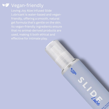 Slide Lubricant bottle with vegan-friendly text on a light purple background