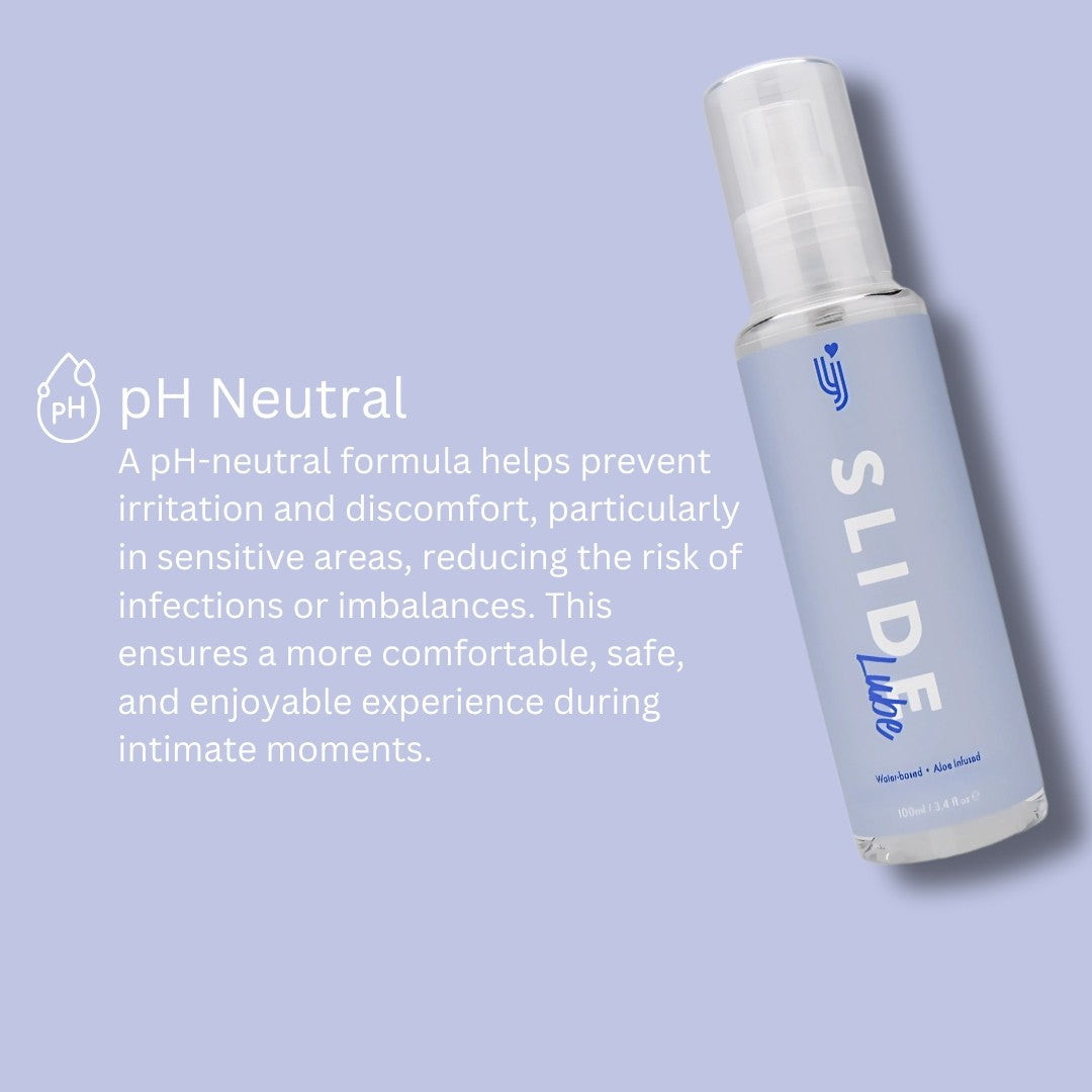 Slide Lubricant bottle with pH neutral text on a light purple background