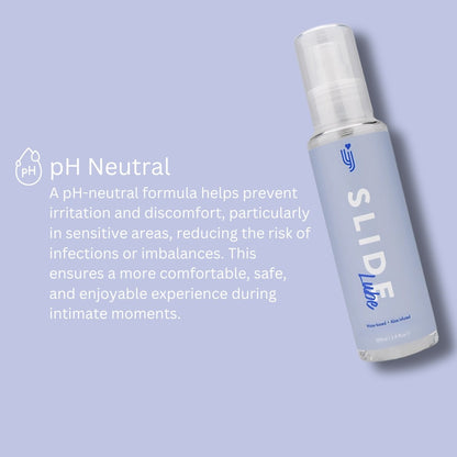 Slide Lubricant bottle with pH neutral text on a light purple background