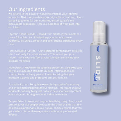 Lubricant bottle with ingredients text on a light purple background