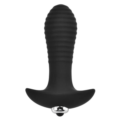 Black silicone butt plug with a metallic ring on a white background