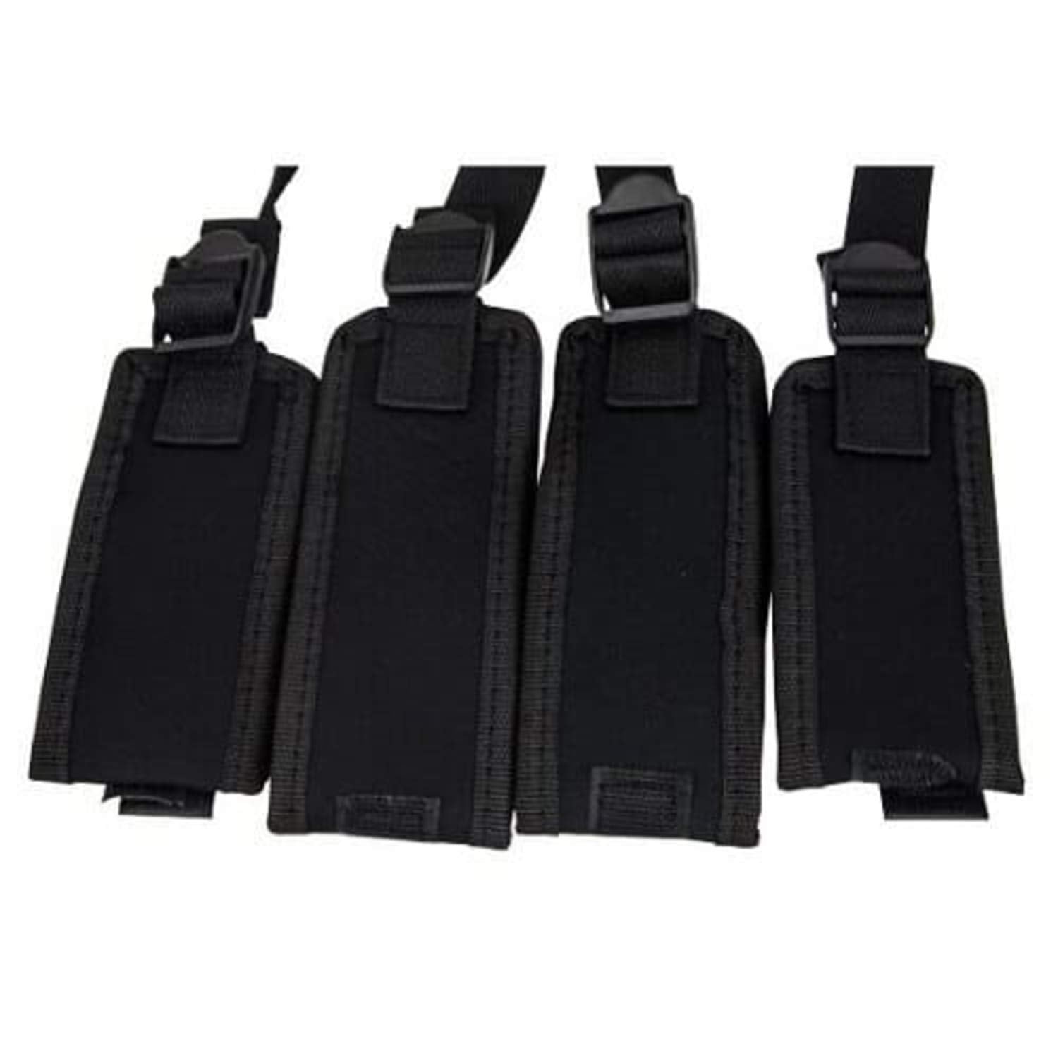 Four bondage strap cuffs on a white background