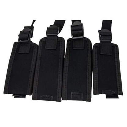 Four bondage strap cuffs on a white background