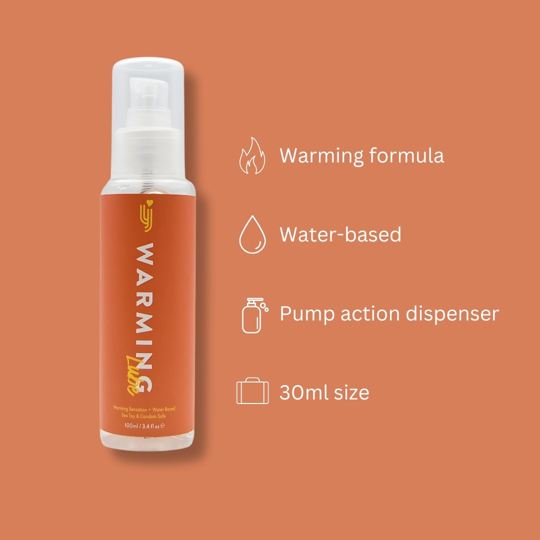 Orange spray bottle with white pump on a brown background, featuring text about its features.