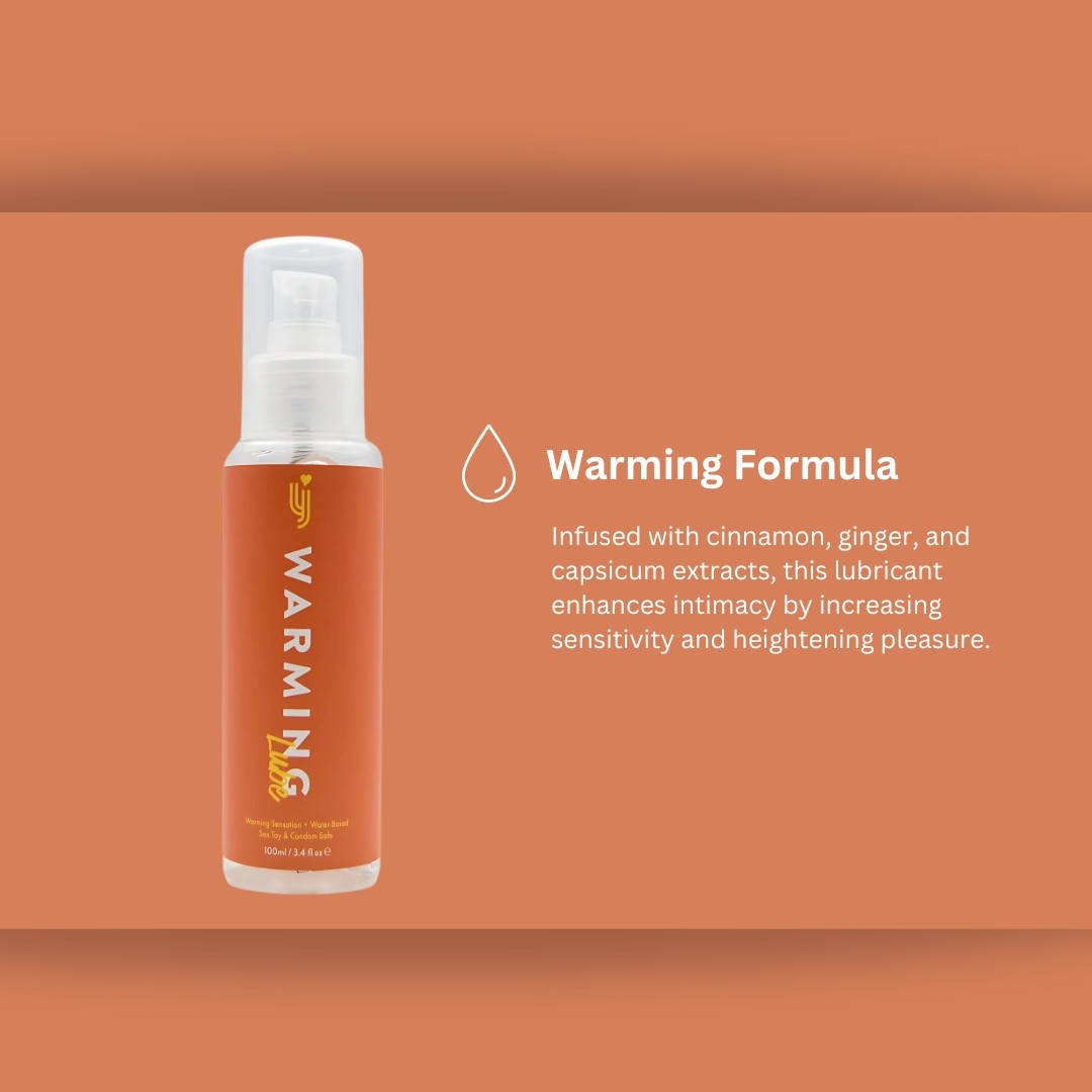Lubricant bottle with 'Warming Formula' text on an orange background