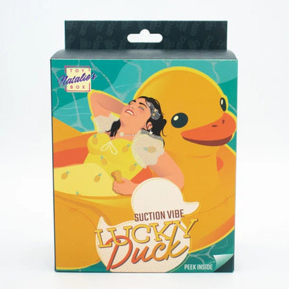 Product packaging for 'Lucky Duck' suction vibe with a retro-style illustration on a teal background.