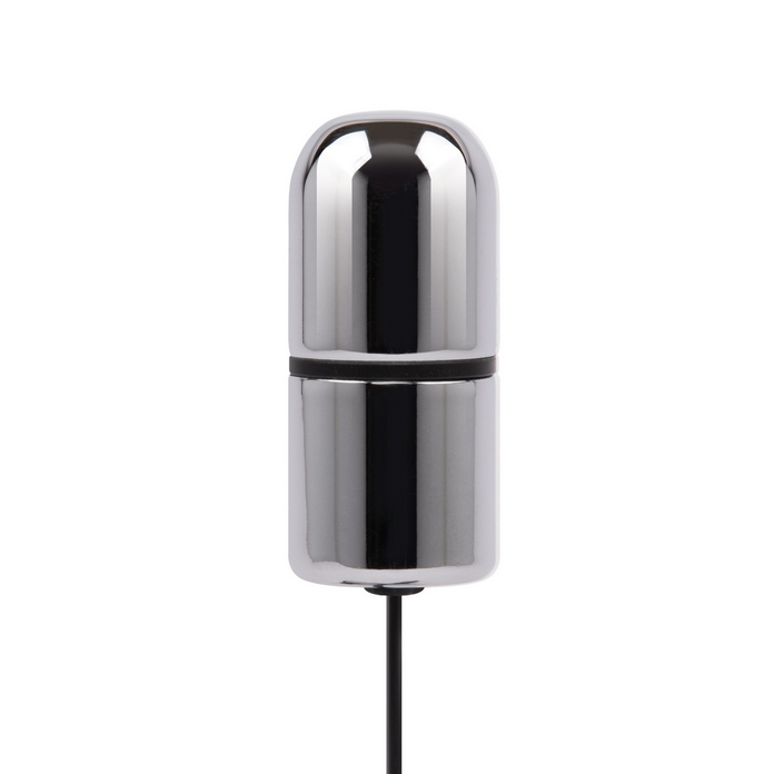 Chrome-colored cylindrical object with a black band on a white background