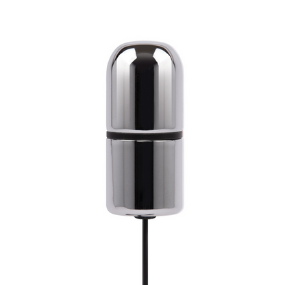 Chrome-colored cylindrical object with a black band on a white background