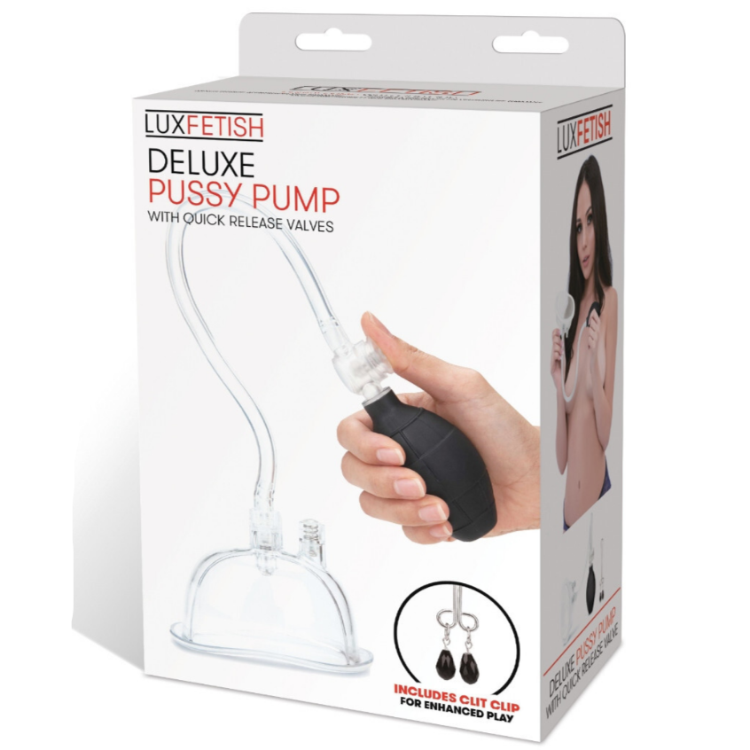 Lux Fetish Deluxe Pussy Pump packaging with a hand holding the pump.
