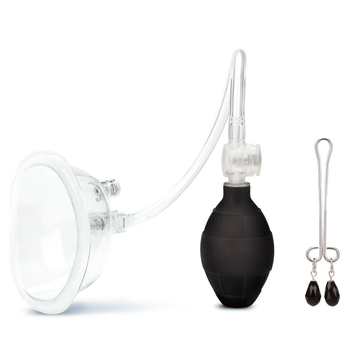 Black and clear medical device with attachments on a white background