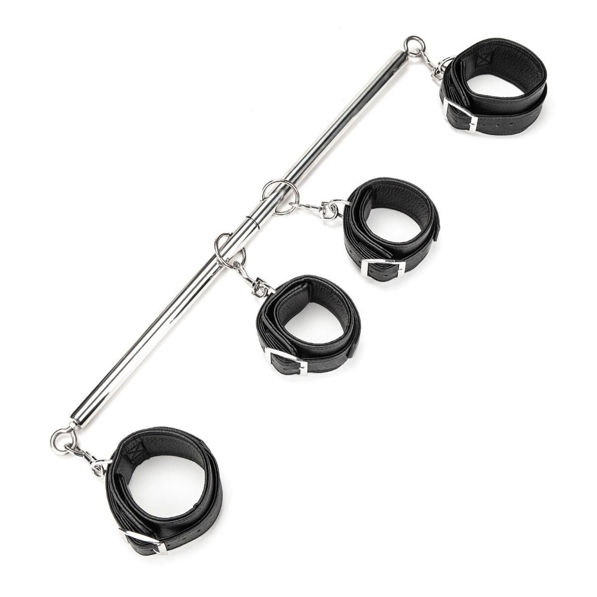 Black bondage cuffs with a metal rod on a white background