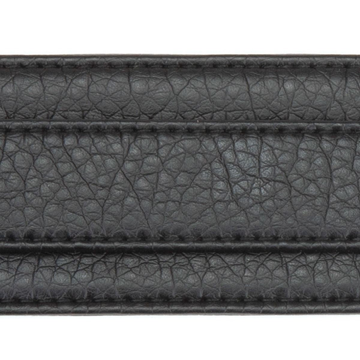 Close-up of a black leather strap with visible texture and stitching on a white background