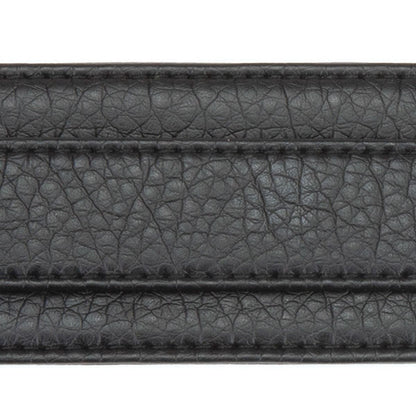 Close-up of a black leather strap with visible texture and stitching on a white background