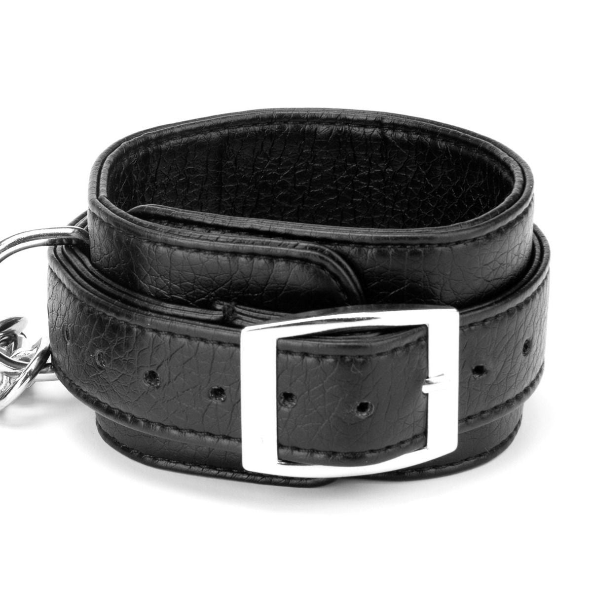 Black leather collar with a silver buckle on a white background