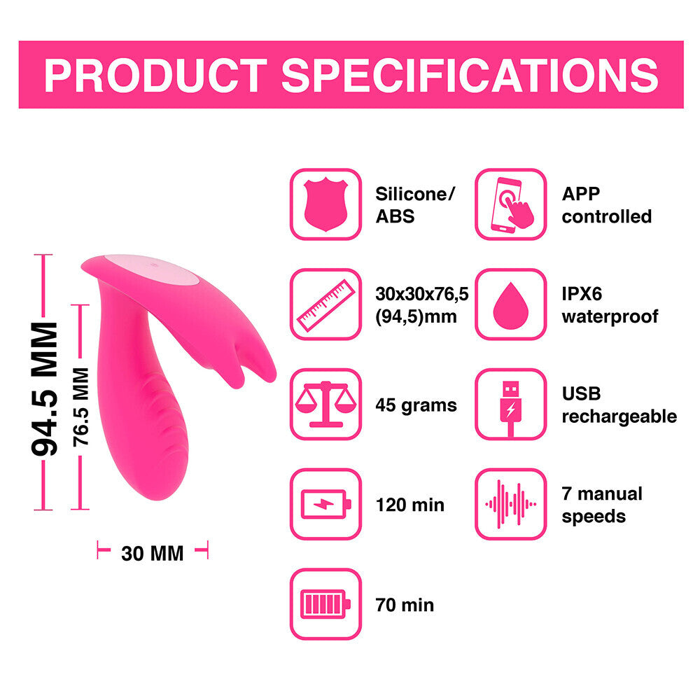 Product specifications of a pink massage device with icons and text on a white background