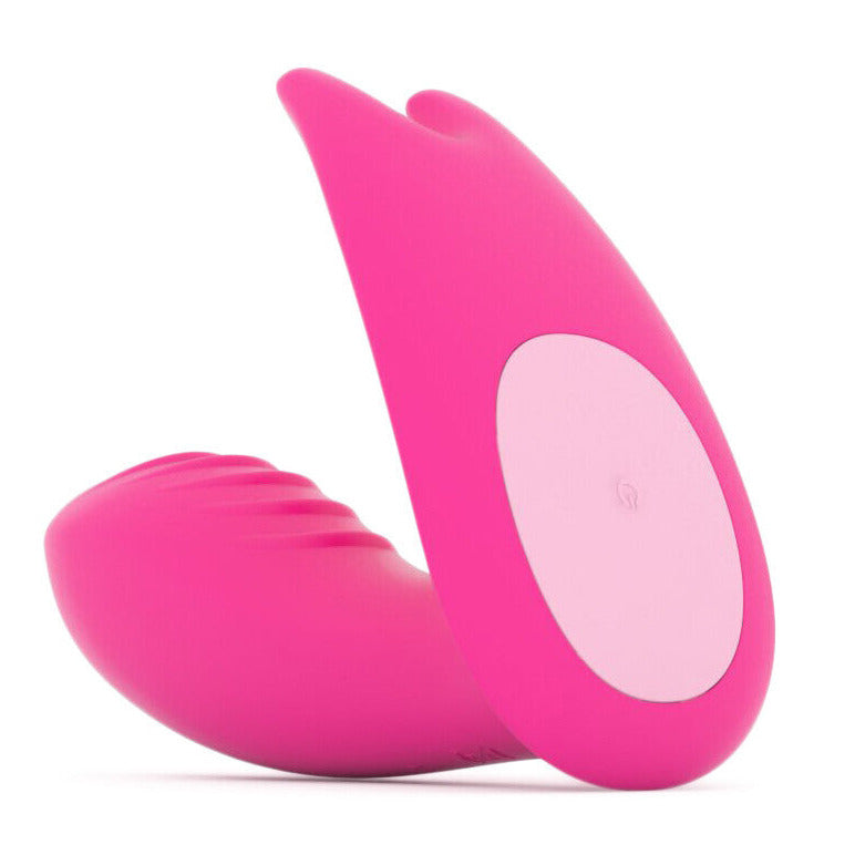 Pink silicone sex toy product on a white background