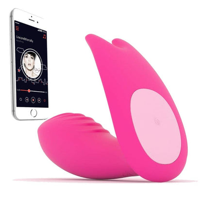 Pink electronic massage device with smartphone displaying app interface on a white background