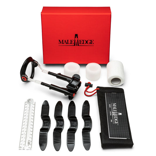 Male Edge product set with red box, tools, and accessories on a white background