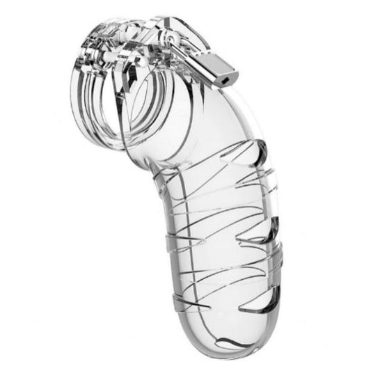 Clear plastic chastity device with a key-like component on a white background